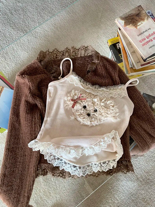 Kawaii 2 Piece Sets Y2k Crop Top Corset Vest + Cardigan Coats 2000s American Y2k Suits Outfis Autumn