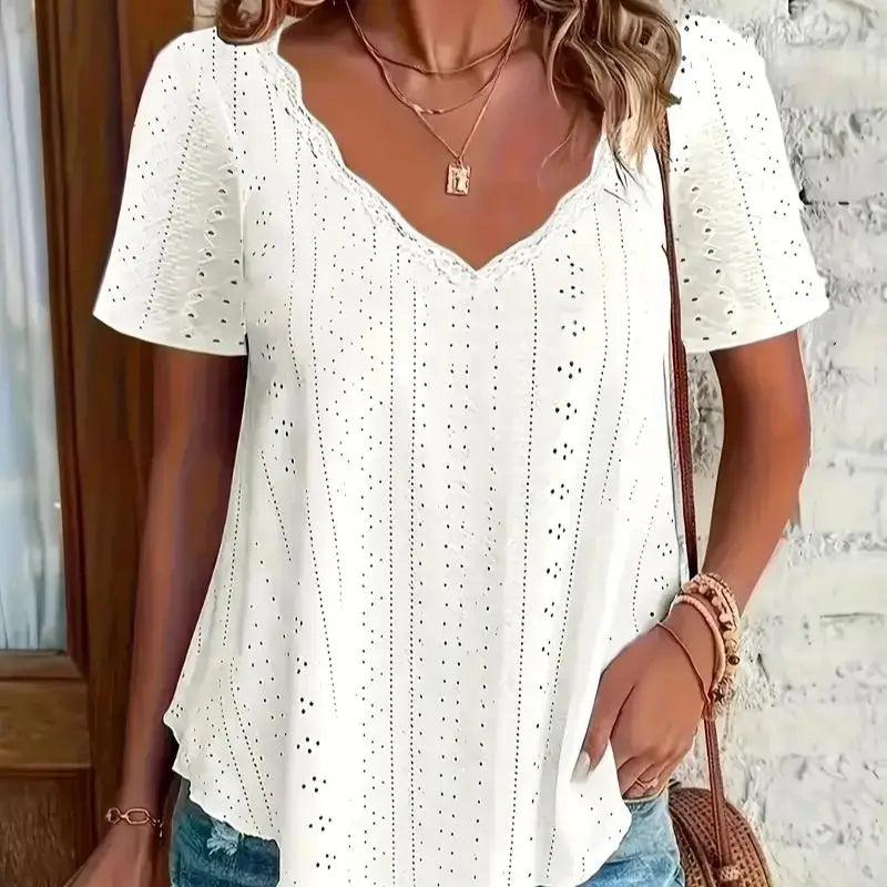 Eyelet V-neck T-shirt