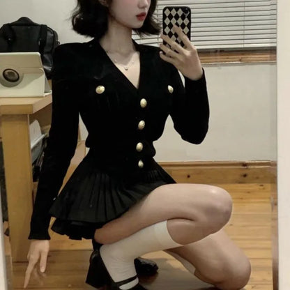 Autumn Korean Knitted Two-piece Skirt Set Single Breasted V-neck Sweater Mini Ruffles Skirt Y2k New Outfits