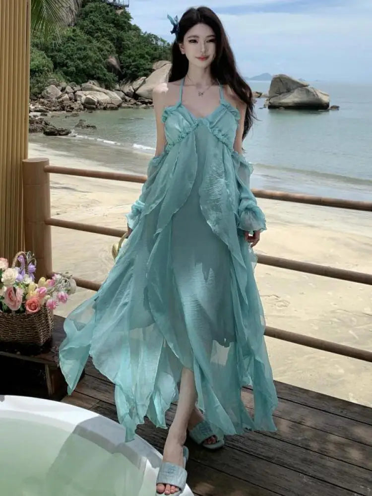 Sky Blue Backless Halter Laceup Long Dresses Spring Summer Off Shoulder Club Ruffles Vacation Pleated Sundress
