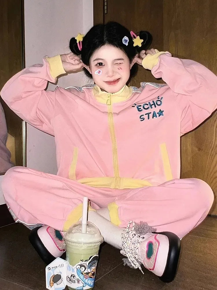 Y2k Set Autumn Zipper Jakcet+joggers Pants Embroidered Letter Loose Korean 2 Pieces Sets Spring Autumn