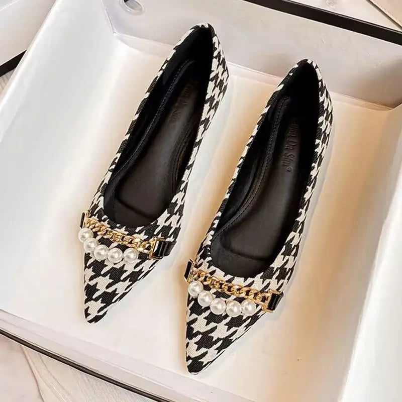 Normal Leather Pearl Pointed Toe Formal Shoes for Woman Flats Flat Summer Footwear Office and E