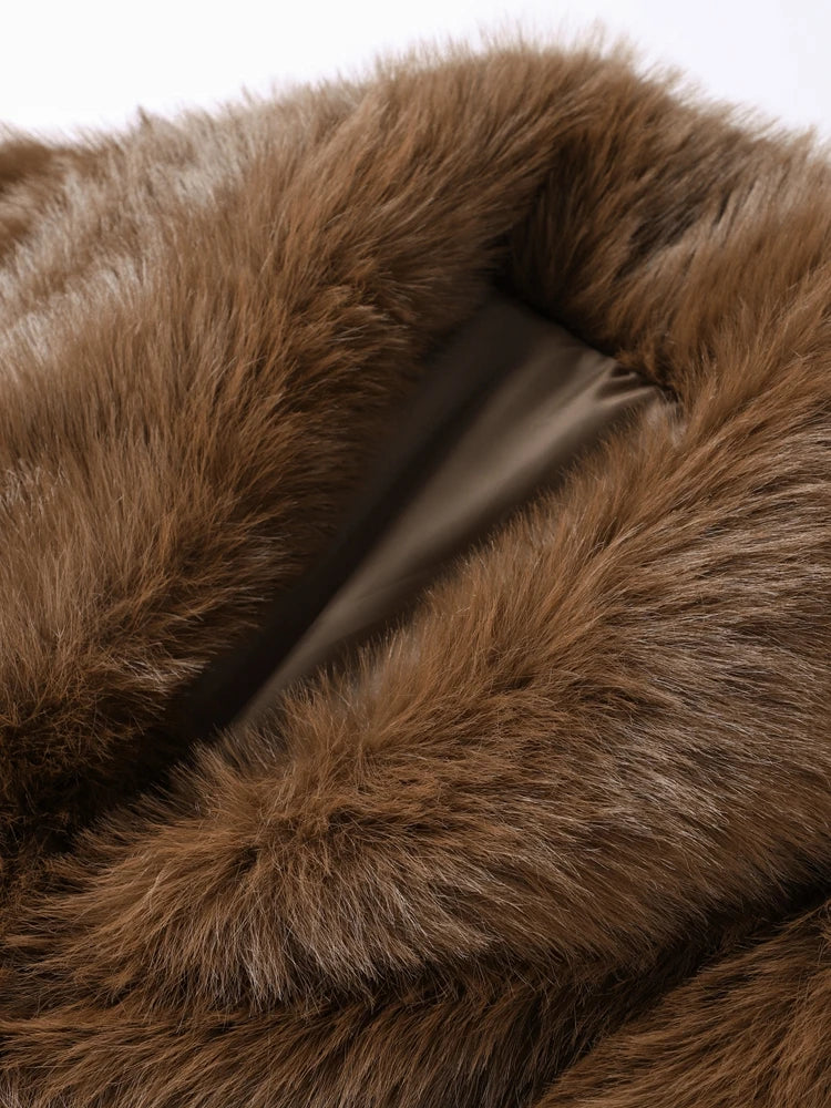 Brown Faux Fur Coats Full Sleeve Lapel Long Warm Jacket Winter Fluffy Thick High Street Outerwear New