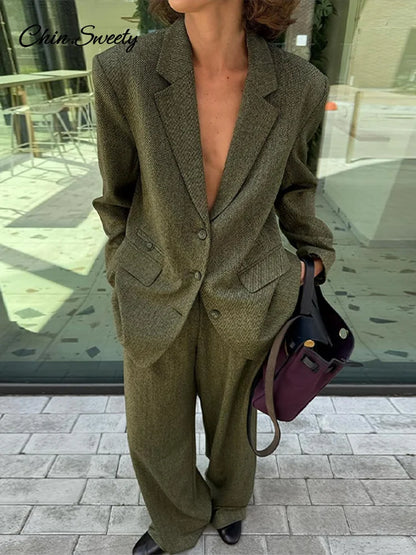 Coat Pant Sets Woman Lapel Long Sleeve Single Breasted Blazer Wide Leg Pants 2 Piece Set for Loose Outfits
