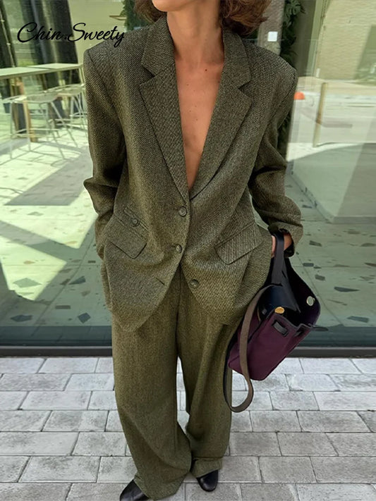 Coat Pant Sets Woman Lapel Long Sleeve Single Breasted Blazer Wide Leg Pants 2 Piece Set for Loose Outfits