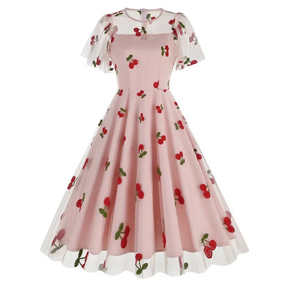New Retro Pink Strawberry Mesh Birthday Long Dress 50s Flare Sleeve Summer Prom Evening Party Dresses