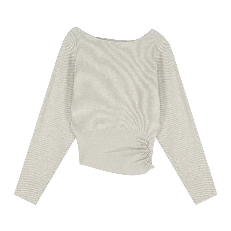Strapless Color Longsleeved Sweater Autumn New Slant Collar Loose Button Pleated Knitted Tops