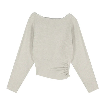 Strapless Color Longsleeved Sweater Autumn New Slant Collar Loose Button Pleated Knitted Tops