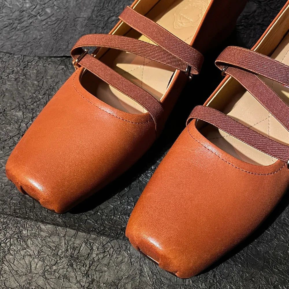 Womenn's Genuine Leather Square Toe Elastic Band Slipon Ballet Flats Cross Strap Female Slim Soft Comfortable Ballerians Shoes