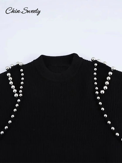 ’s Beading Sweater Pullover Knitted Black Long Sleeve O-neck Jumper New Spring Lady Outwears