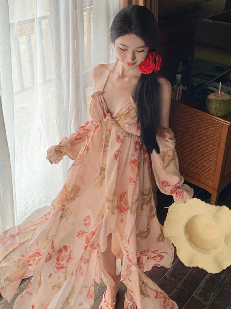 French Off Shoulder Beach Dress Sweet Halter Irregular Party Long Dresses Fairy Backless Y2k Vestidos