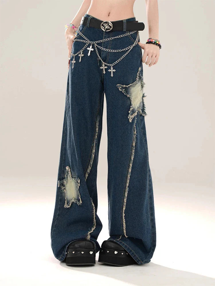 Blue Baggy Star Jeans Harajuku Aesthetic Denim Trousers Y2k Japanese 2000s Style Jean Pants Trashy Clothes