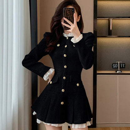 New Tweed Pleated Mini Dress Autumn Long Sleeve Korean Style Single Breasted Ruffle Office Lady Dresses