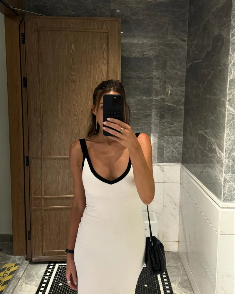 Knit Suspender Split Long Dress New Sleeveless Block Color Beach Vacation Vneck Knitwear Bodycon Dresses