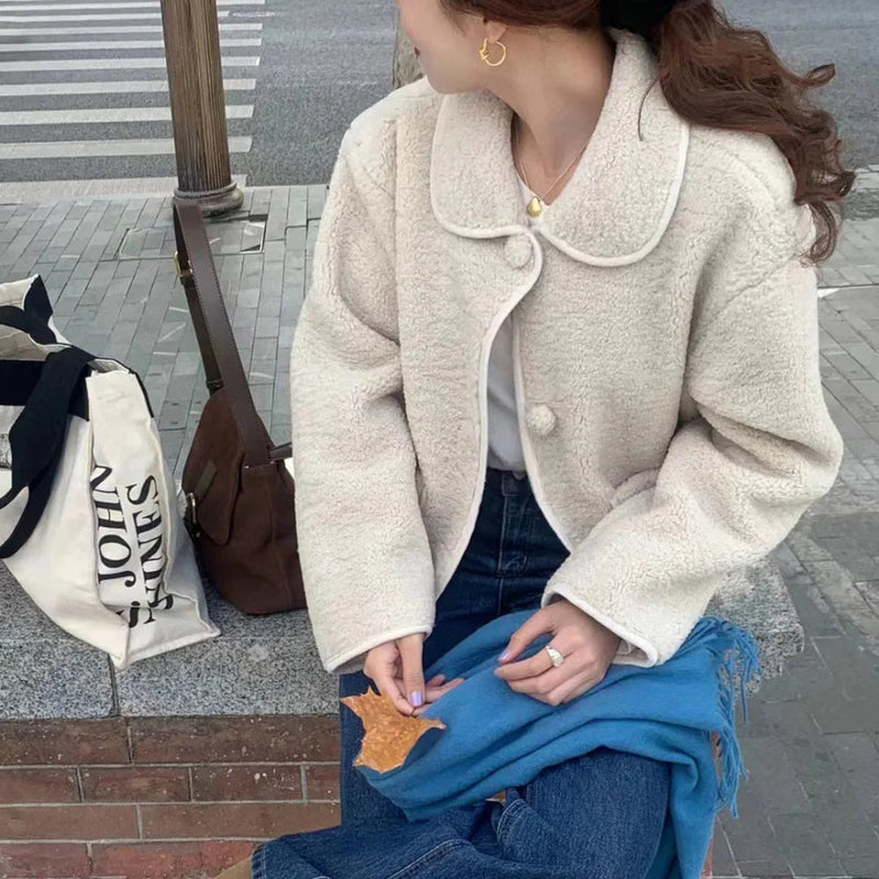 Winter Sweet Plush Coat Lamb Fur Jacket Peter Pan Collar Single Breasted Short Outerwears