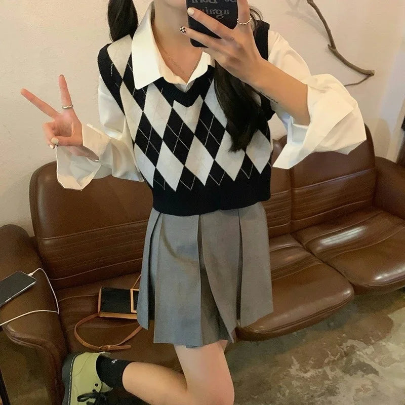 V-neck Plaid Sweater Vest Autumn Winter Knit Sweaters Pullover Loose Korean Knitwear Tops Pull Femme