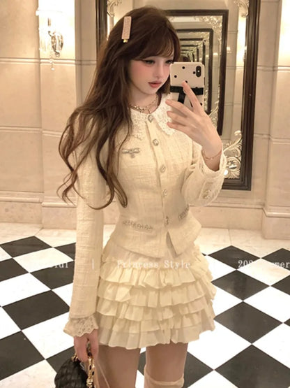 French 2-piece Set Tweed Lace Patchwork Single Breasted Coat Ruffles Cake Mini Skirt Korean Autumn Outfits New