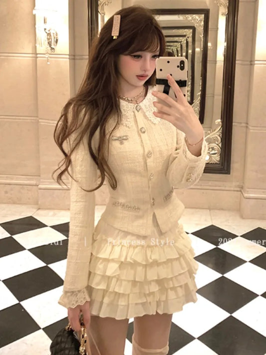 French 2-piece Set Tweed Lace Patchwork Single Breasted Coat Ruffles Cake Mini Skirt Korean Autumn Outfits New