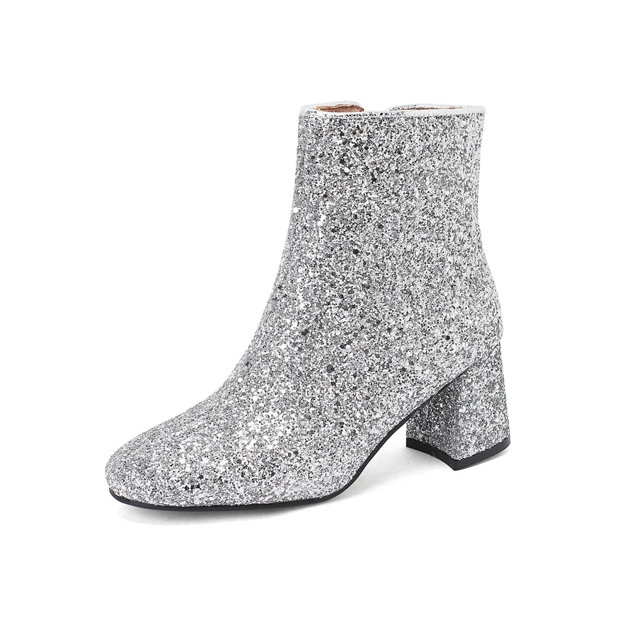 Big Size 48 49 50 Gold Silver Blue Sequined Cloth Glitter Winter Shoes Chunky High Heels Bling Party Ankle Chelsea Boots