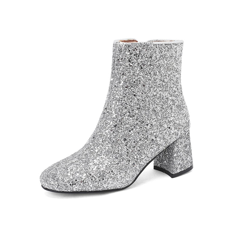 Big Size 48 49 50 Gold Silver Blue Sequined Cloth Glitter Winter Shoes Chunky High Heels Bling Party Ankle Chelsea Boots