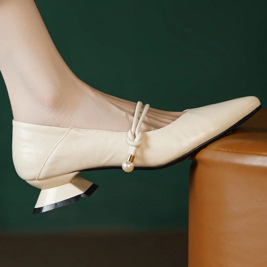 3441 Genuine Leather Pointed Toe Mary Jane Pumps 3cm Kitten Heel Daily Dress Heeled Shoes
