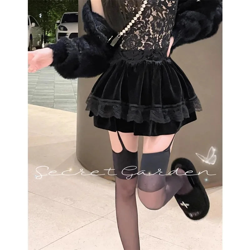 Korean Retro Japanese Style Lace Patchwork Low Waist Cake Mini Skirt Skirt