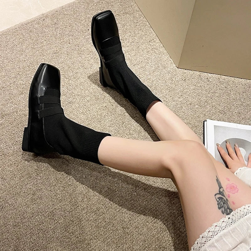 New Stylish Square Toe Knitted Sock Boots Autumn Winter Platform Boots Black Patent Leather Punk Goth Shoes