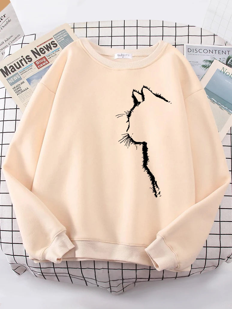 Simple Strokes of Cat Pet Print Hoody Shoulder Drop All-match Hoodies Simple S-xxl Hoodie Street Quality Clothing Female