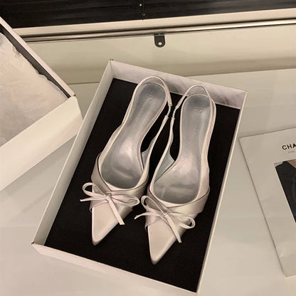 Bowktie Pointed Toe Slingbacks Low Thin Heel Dress Shoes