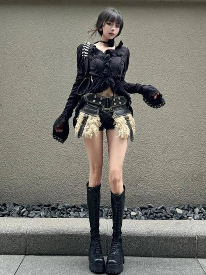 Pleated Blouse Ruffled Slim Harajuku Ruffled Tops Y2k Aesthetic Lace Patchwork Black Shirts De Mujer