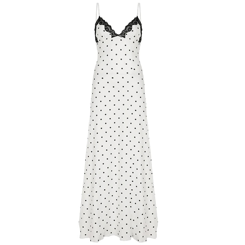 French Style Polka Dot Print Long Dress Coquette Aesthetic Contrast Color Lace Patchwork Sleeveless Sundress Holiday