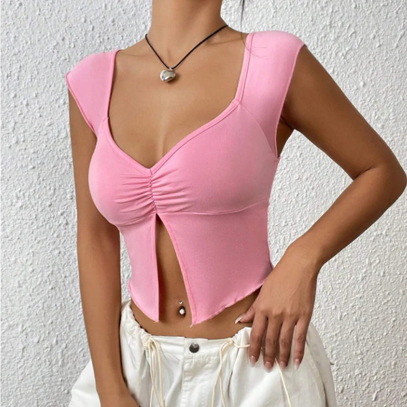 Instagram’s New European and American Spice Design a Thin Short T-shirt With a Slit Under the Chest