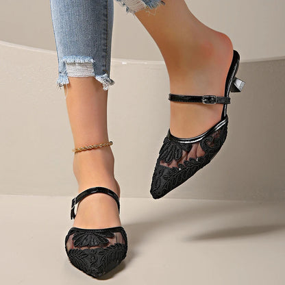 Summer Breathable Lace Mules Slippers Slip on Singbacks Slide Party Dress Shoes