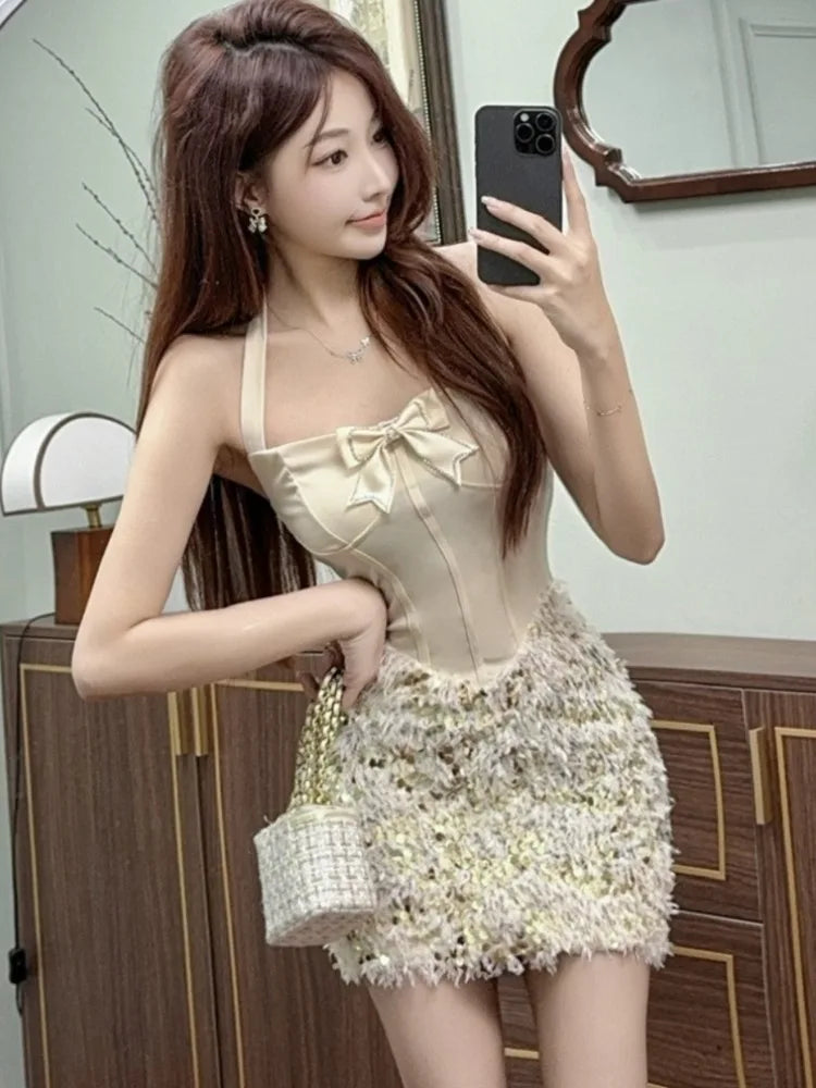 Mini Dress Woman Bow Patchwork Sequins Sleeveless Patchwork Slim Party Dress Backless Clubwear