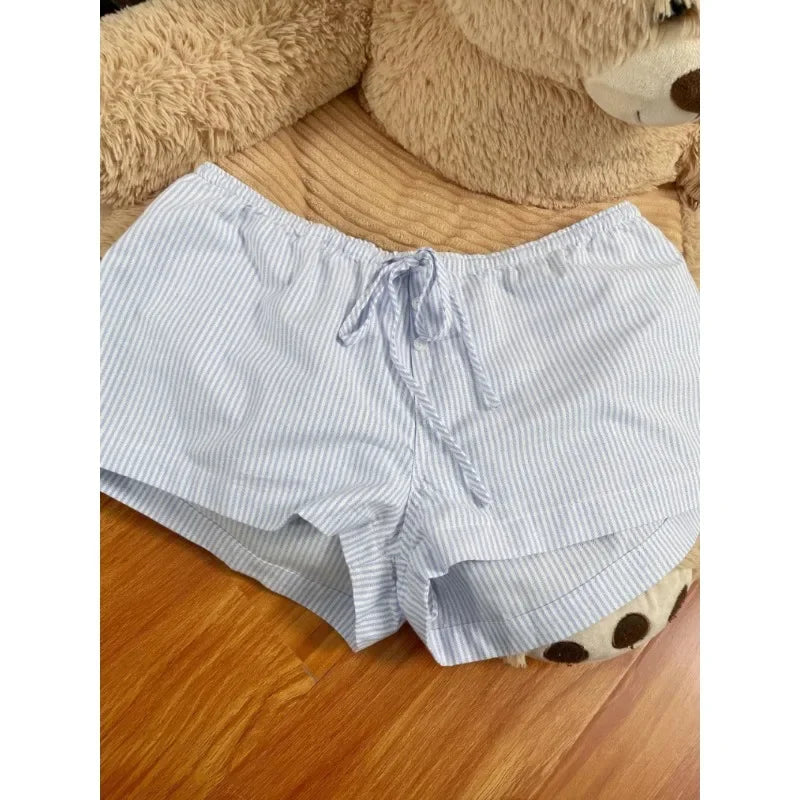 Summer New Letter Embroidery Seethrough White Lace Shorts + Laceup Striped Shorts Twopiece Suit