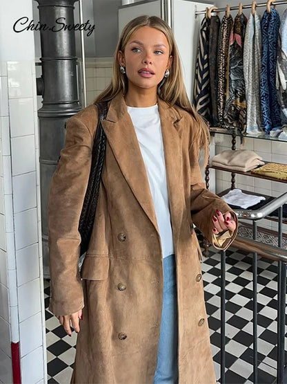 Lapel Suede Long Jacket Oversized Double-breasted Trench Overcoat Autumn Lady Commute Outerwear New