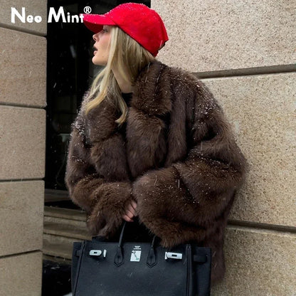 Winter Faux Fur Coat Brand Fluffy Fox Fur Outerwear Overcoat Girl Street Style Furry Warm Jacket