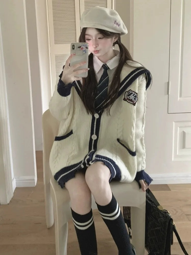 Sailor Collar Knitted Cardigan Oversized Preppy Style Sweaters Coat for Korean Style New