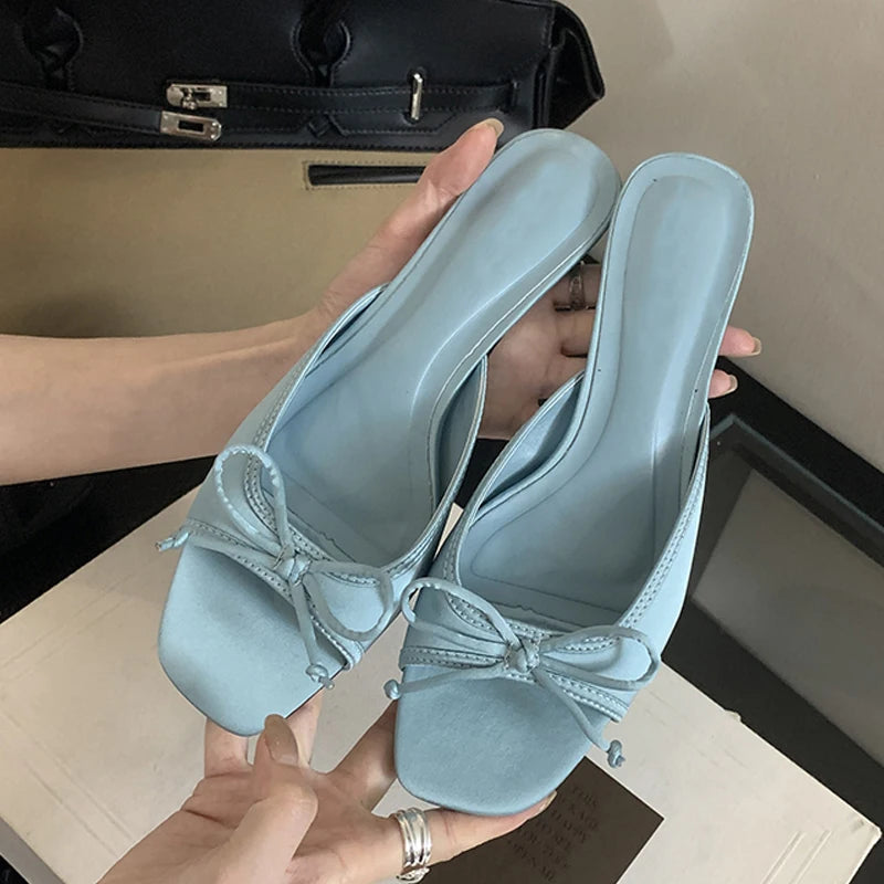 Design Style Shallow Square Toe Slippers Butterflyknot Low Heels Shoes Summer Zapatos De Mujer
