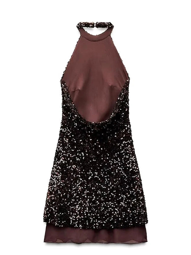 Sequined Halter Backless Mini Dress Off Shoulder A-line Party Evening Dresses Summer Lady Slim Glitter Vestidos