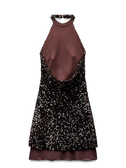 Sequined Halter Backless Mini Dress Off Shoulder A-line Party Evening Dresses Summer Lady Slim Glitter Vestidos
