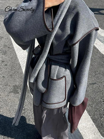 Patchwork Belt ’s Coats Contrast V-neck Long Sleeve Pocket Female Overcoats Autumn Lady New in Outwear