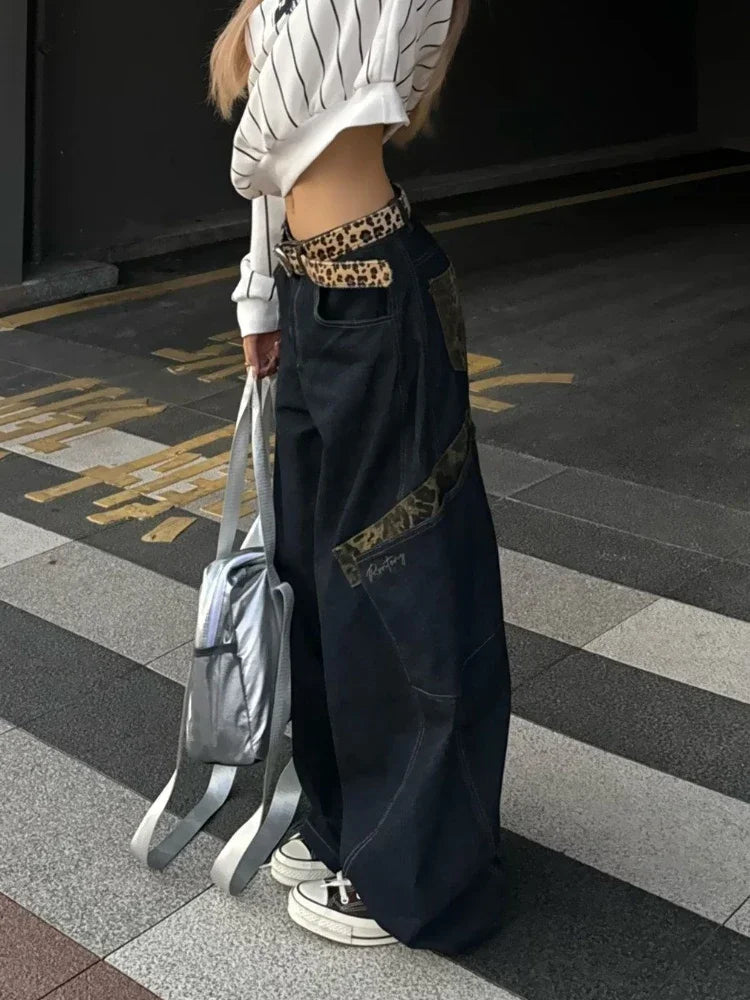 Retro Leopard Spliced Cargo Jeans Y2k Hip Hop Causal Baggy Pocket Korean Wide Leg Denim Pants Harajuku Slacks