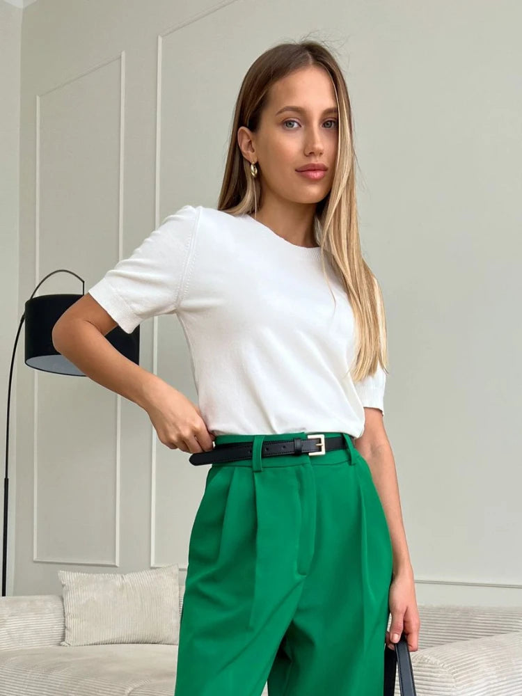 Summer Knitted Tshirt Short Sleeve Oneck Slim White Sweater Female Pullovers Knitwear