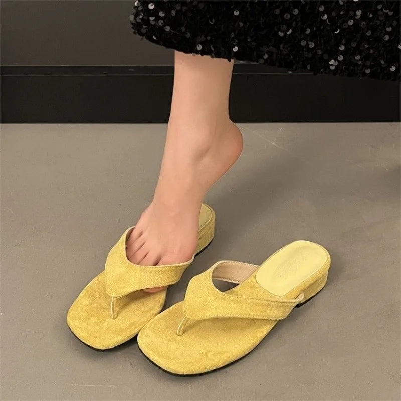 Summer Thin Low Heels Slippers Round Clip Toe Beach Sandals Flip Flops Shoes Zapatos De Mujer