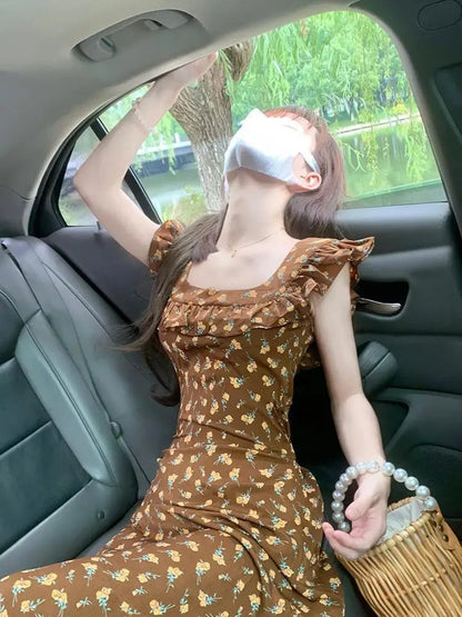 Flying Sleeve Dresses Print Ruffles Sweet Spring Summer Long Dress French Style Vestidos Mujer