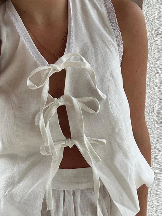 Lace Up Sleeveless Crop Tops Bandage Slim Hollow Out Tank Blouses Summer Lady Beach Holiday Vest