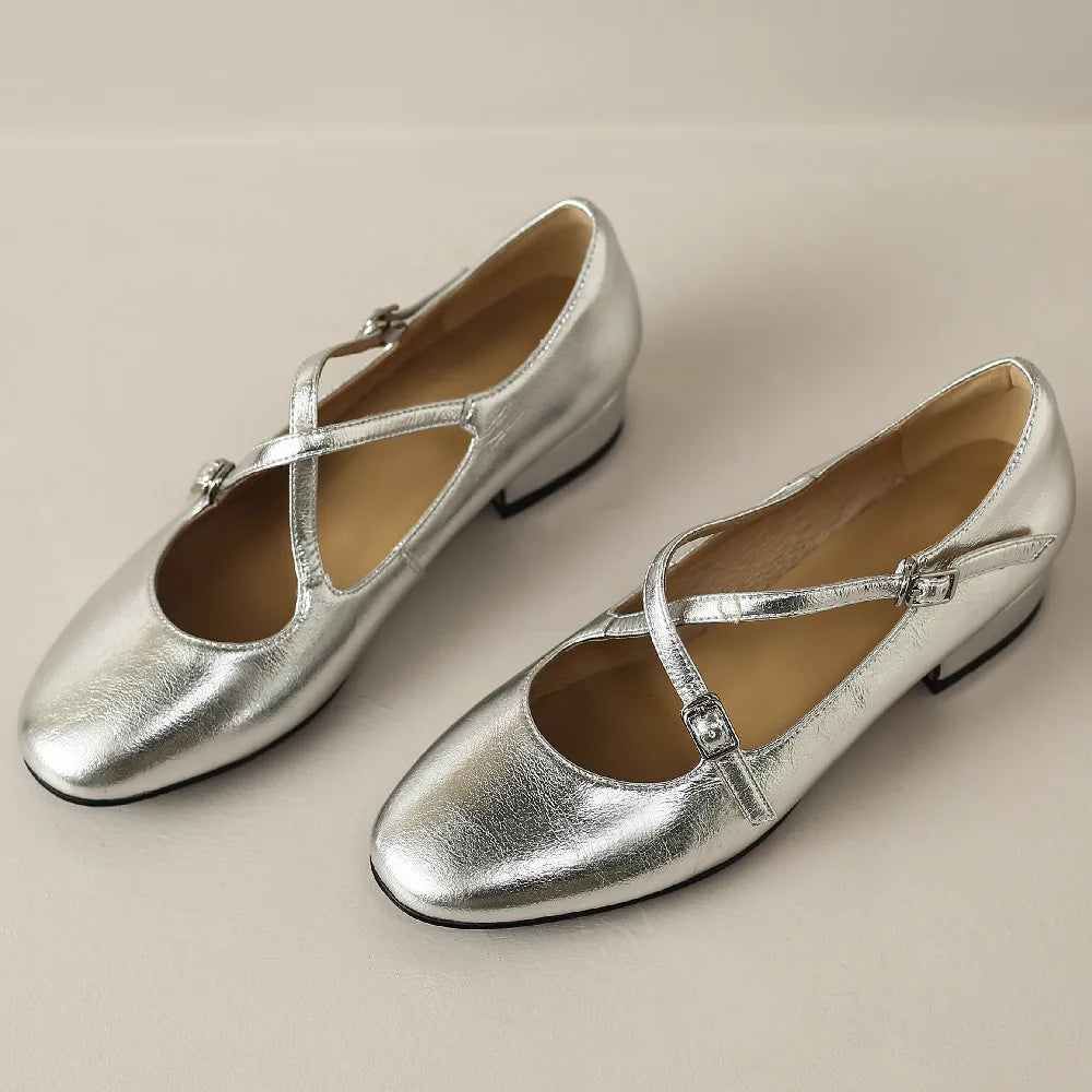 Genuine Leather Double Metal Belt Cross Strap Slipon Flats Daily Single Shoes Soft Comfortable Female Daily Shoe