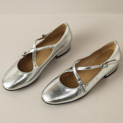Genuine Leather Double Metal Belt Cross Strap Slipon Flats Daily Single Shoes Soft Comfortable Female Daily Shoe
