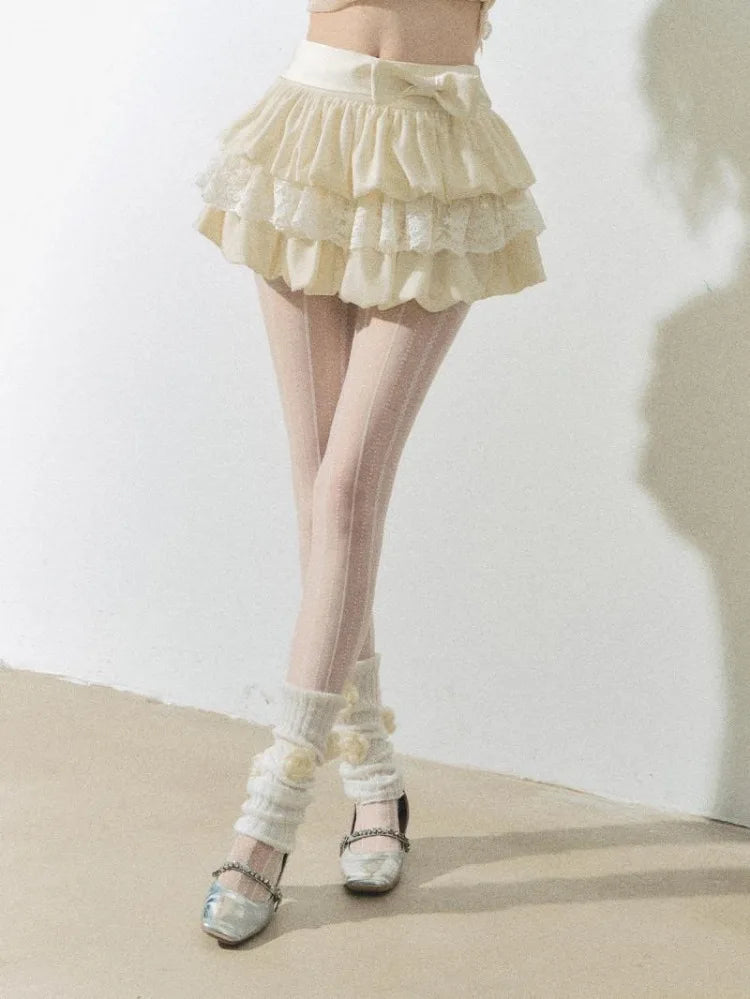 Sweet Bow Hite Lace Skirt for Y2k High Waist Faldas Mujer Allmatch Ruched Aline Cake Skirts